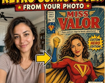 Retrato personalizado de capa de quadrinhos retrô a partir de foto, arte vintage personalizada de super-herói, presente digital para ele, ela ou crianças.