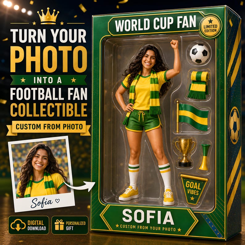 May include: A custom action figure in a green and gold box labeled WORLD CUP FAN and SOFIA. The figure wears a yellow shirt, green shorts, and white socks, with accessories including a soccer ball, scarf, flag, trophy, and a GOAL VIBES pennant.