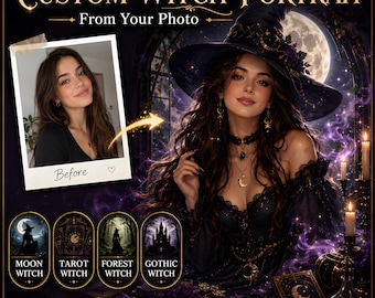 Retrato personalizado de bruxa a partir de foto, retrato de bruxa personalizado, arte de parede de fantasia gótica, presente de Halloween para ela, download digital