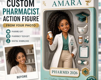 Boneco de ação personalizado de farmacêutico a partir de foto, presente personalizado para farmacêuticos, presente de formatura de farmacêutico, presente para técnico de farmácia, download digital