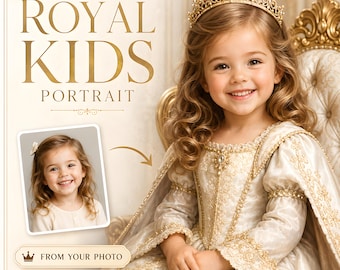 Retrato personalizado de criança real a partir de foto, retrato personalizado de príncipe ou princesa, retrato real infantil, presente de aniversário, arte de parede para quarto de bebê