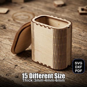 May include: A light-coloured wooden box with a lid, rectangular with rounded corners. The box has vertical lines and a notched edge design. Text on the image reads "15 Different Size Thick: 3mm-4mm-6mm" and "SVG DXF PDF".
