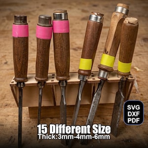 May include: A set of 6 wood chisels with wooden handles and metal blades, displayed in a wooden holder. The handles are wrapped with pink and yellow tape. The text "15 Different Size" and "Thick: 3mm-4mm-6mm" is visible.