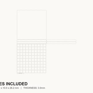 May include: A white, grid-patterned design with a rectangular top and a smaller, attached rectangular piece. The text "5 SIZES INCLUDED" is at the bottom, along with size and thickness measurements in millimeters.