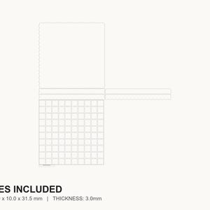 May include: A white, minimalist design with a grid pattern and a scalloped edge. The text "5 SIZES INCLUDED" is at the bottom, with size and thickness measurements in millimeters. The dimensions are 10.0 x 10.0 x 31.5 mm, and the thickness is 3.0mm.