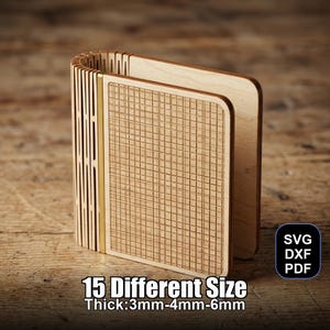 May include: A wooden wallet with a grid pattern on the front and back. The wallet is made of light-colored wood and has a curved spine. The text "15 Different Size Thick: 3mm-4mm-6mm" is at the bottom.