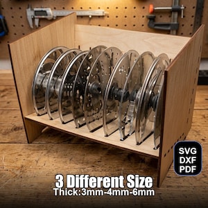 May include: A wooden organizer holding multiple clear, circular objects with a central hub. The organizer has a rectangular shape with slots to hold the objects. Text on the image reads "3 Different Size Thick: 3mm-4mm-6mm" and "SVG DXF PDF".