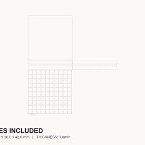 May include: A white, grid-patterned design with a rectangular top and a text that reads "5 SIZES INCLUDED". The size is 10.0 x 10.0 x 42.0 mm, and the thickness is 3.0mm.