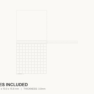May include: A white, grid-like design with a rectangular top and a grid-like bottom. The text "5 SIZES INCLUDED" is at the bottom, along with size and thickness measurements in millimeters.