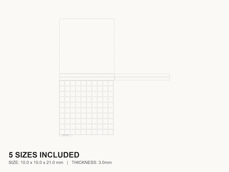 May include: A white, schematic illustration of a product with a grid-like pattern and a rectangular top. The text "5 SIZES INCLUDED" is at the bottom, along with size and thickness measurements in millimeters.