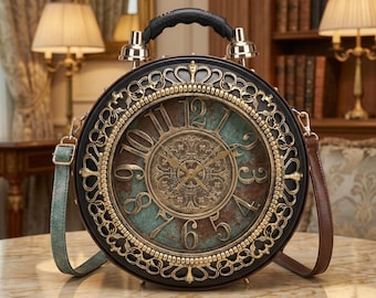 Vintage klokhandtas, statement steampunk-schoudertas, retroaccessoire