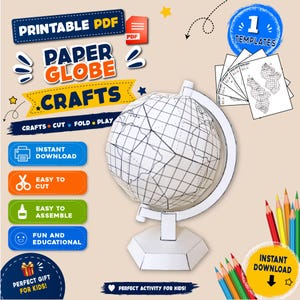 May include: A printable PDF paper globe craft template featuring a white spherical globe model with black grid lines on a stand. The image includes text such as PRINTABLE PDF, PAPER GLOBE CRAFTS, INSTANT DOWNLOAD, and 1 TEMPLATES, alongside coloured pencils.