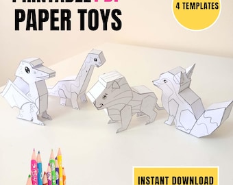Printable Paper Toy – DIY Papercraft Coloring Dragon, Dinosaur, Fox | Kids Craft Activity | PDF Download