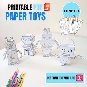 Może przedstawiać: Drukowane zabawki papierowe PDF z czterema wzorami robotów. Obraz przedstawia cztery zmontowane papierowe roboty o różnych kształtach i rozmiarach, wraz z szablonami. Widoczny jest tekst "Instant Download".