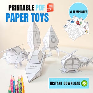 Puede incluir: Juguetes de papel PDF imprimibles con forma de helicóptero, avión y cohetes. La imagen muestra los juguetes montados y desmontados, con los textos "Printable PDF Paper Toys", "4 Templates" y "Instant Download".