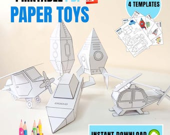 DIY Papercraft Transport Set for Kids - Printable Rocket, Plane, and Helicopter Paper Toys - Instant Download PDF - 3D Coloring Activity