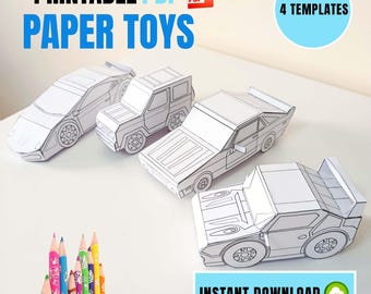 DIY Paper Car Set for Kids - 4 Printable 3D Vehicle Models - Instant Download PDF - Coloring Activity, Papercraft Sports Car, SUV.