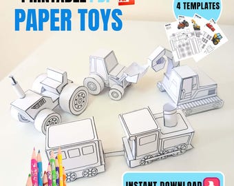 Pacote de PDFs para imprimir de brinquedos de papel, modelos de veículos de papel para crianças, atividade de recorte e dobradura, artesanato de veículos de construção, molde para brinquedo de papel faça você mesmo