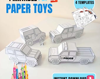 Veicoli di carta stampabili in PDF, attività di colorazione, ritaglio e piegatura per bambini (download immediato)