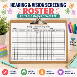 Puede incluir: Un portapapeles marrón que sostiene un formulario de papel blanco titulado Hearing & Vision Screening Roster con columnas para el nombre del estudiante, fecha, clase, audición, visión y estado de referencia.