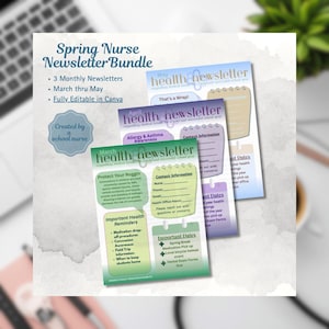 Spring School Nurse Newsletter Bundle | Editable Canva Health Office Templates | March–May Parent Communication