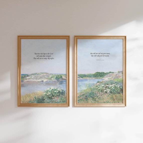 Christian Wall Art Set of 2 | Vintage Christian Home Decor | Colorful Bible Verse Prints | Coastal Scripture Poster | Digital Download Art