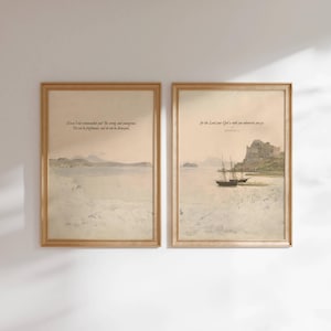 May include: Two framed vintage prints depicting coastal landscapes. The left print shows a seascape with text: "Have I not commanded you? Be strong and courageous. Do not be frightened, and do not be dismayed." The right print shows boats and a castle with the text, "for the Lord your God is with you wherever you go."