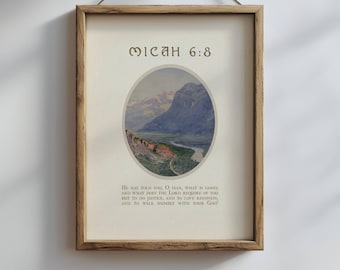 Grafika ścienna z Księgą Micheasza 6:8 | Plakat z wersetami biblijnymi w stylu vintage | Chrześcijański wystrój domu | Grafika z wersetami biblijnymi do druku | Cyfrowe wydruki chrześcijańskie