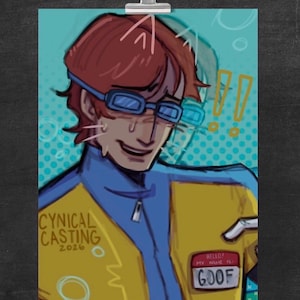 May include: Illustration of a person with red hair and blue goggles, wearing a yellow and blue jacket. The text "CYNICAL CASTING 2026" is visible. A name tag reads "GOOF". The background is teal with yellow exclamation marks.