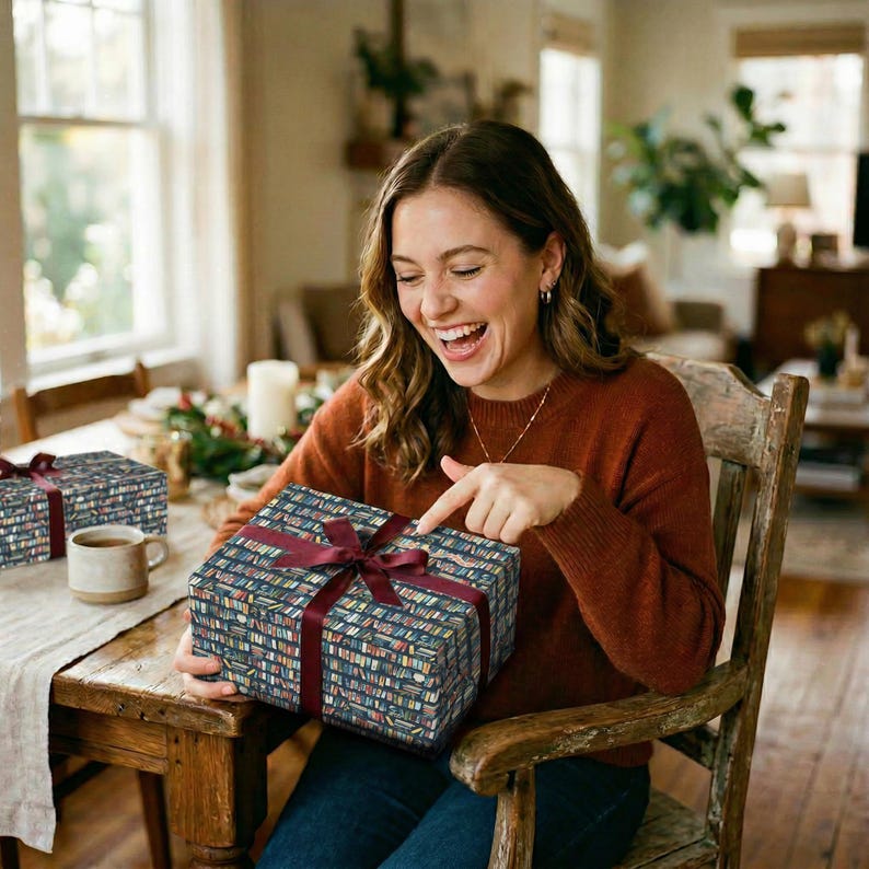 A delighted woman in a rust sweater laughs and points at the illustrated bookshelf pattern on her gift box, wrapped in navy book lover gift wrap with a burgundy ribbon bow, seated at a warm wooden dining table with candles and a ceramic mug nearby, the perfect bookish gift for the reader in your life.