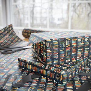 Book Theme Gift Wrap Colorful Bookshelf Pattern Reading Lover Present Literary Design Wrapping Paper Dark Background Library Aesthetic Birthday Celebration Paper Teacher Gift Wrap Premium Quality Material Book Club Exchange Present