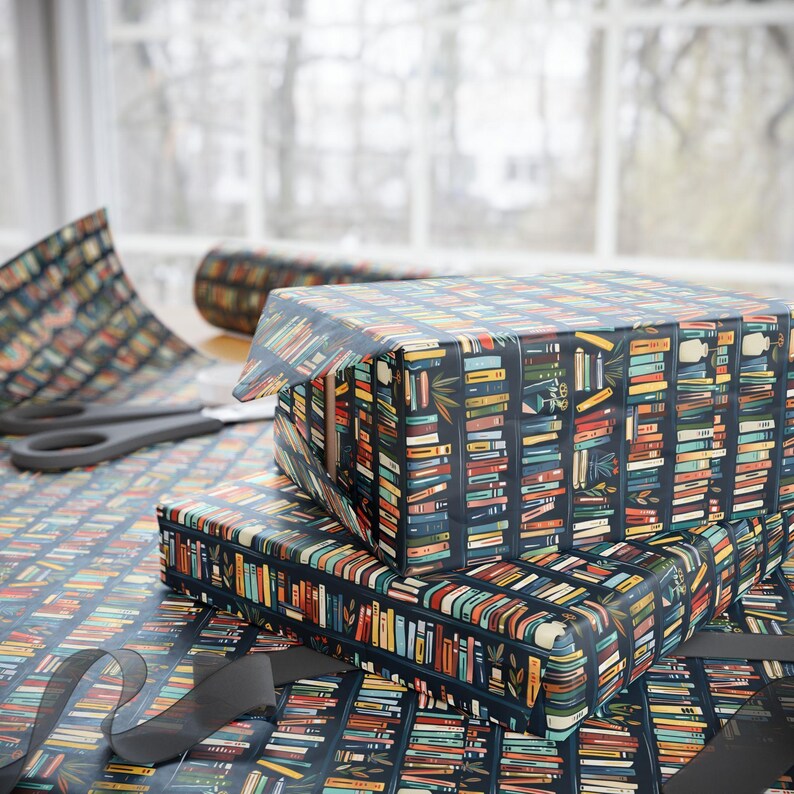 Book Theme Gift Wrap Colorful Bookshelf Pattern Reading Lover Present Literary Design Wrapping Paper Dark Background Library Aesthetic Birthday Celebration Paper Teacher Gift Wrap Premium Quality Material Book Club Exchange Present