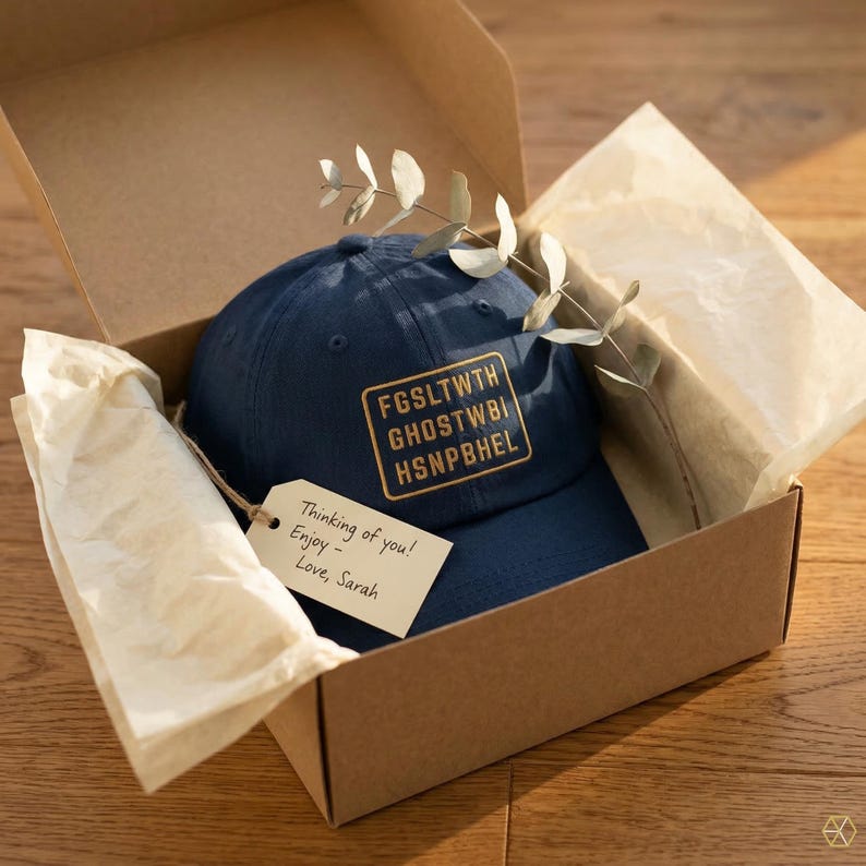 navy embroidered john 3 16 dad hat gift kraft box cream tissue paper eucalyptus gift tag confirmation gift faith birthday gift christian teen gift gifting lifestyle