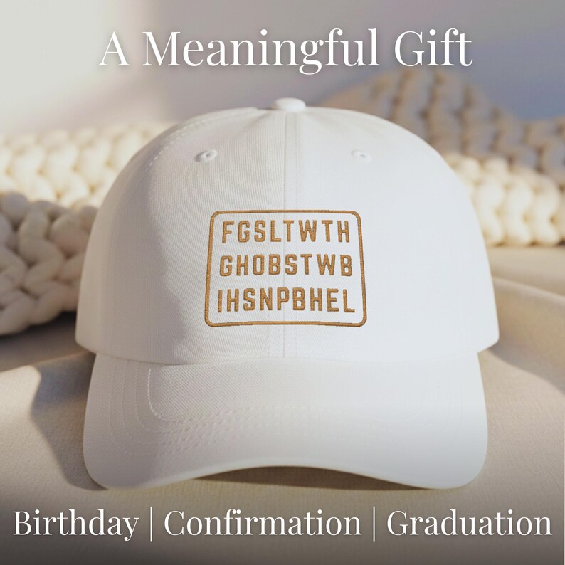 Christian Jesus hat baseball cap navy embroidered dad hat john 3 16 bible verse cipher gold thread structured curved bill adjustable strap faith hat scripture cap white background Text on  image says :  " A Meaningful Gift - " Baptism confirmation gift pastor appreciation seminary gift