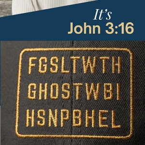 Tall vertical pin showing a smiling woman wearing a white embroidered ball cap with a rectangular patch monogram reading FGSLTWTHHGHOBSTWBIHSNPBHEL, followed by a close-up of the gold embroidered patch with the decoded verse text overlay, a color grid of 9 hat options including blue, stone, white, pink, khaki, camo, navy, and grey, and the Life x dESign Studio Co logo at the bottom.