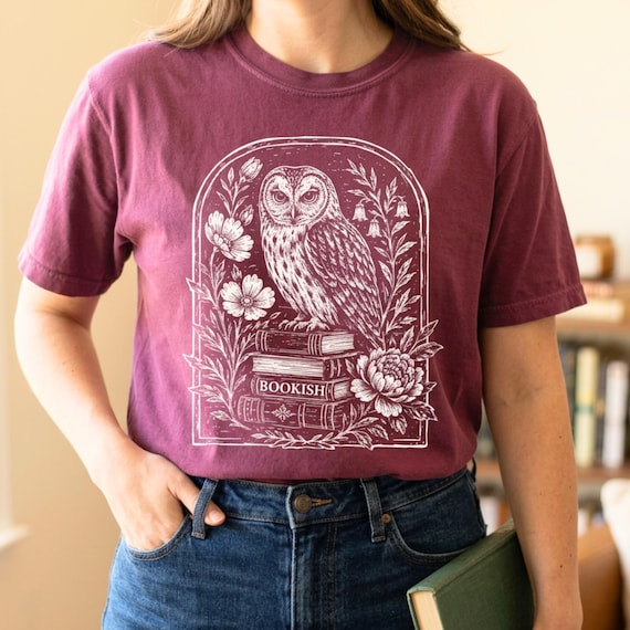 Bookish Shirt Dark Academia Linocut T Shirt Book Lover Shirt Literary Gift for Reader Owl Graphic Tee Bookworm Gift for Her Comfort Colors