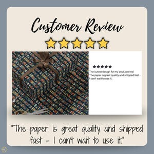 a book-themed gift wrapping paper with a bow, and it has a customer review rating of 5 stars. The review states that the paper is great quality and shipped fast, and the customer can't wait to use it.