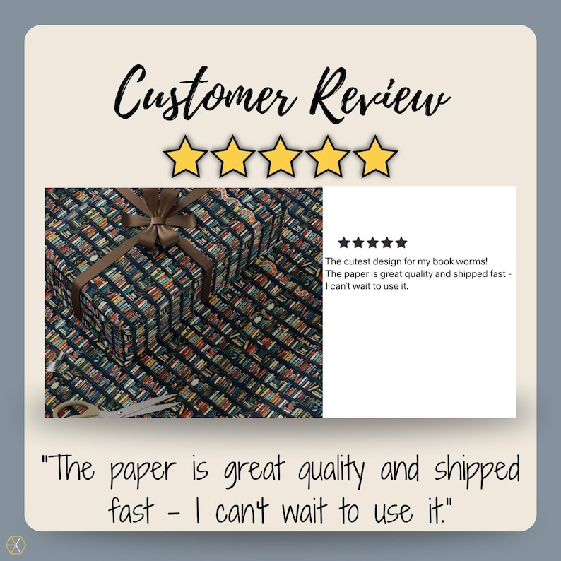 a book-themed gift wrapping paper with a bow, and it has a customer review rating of 5 stars. The review states that the paper is great quality and shipped fast, and the customer can't wait to use it.
