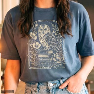 Bookish Shirt Dark Academia Linocut T Shirt Book Lover Shirt Literary Gift for Reader Owl Graphic Tee Bookworm Gift for Her Comfort Colors