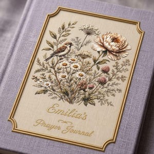 Puede incluir: Un diario de oración de color morado claro con un recuadro rectangular con borde dorado que presenta una ilustración botánica de un pequeño pájaro marrón posado entre margaritas blancas, una gran peonía beige y follaje verde, con el texto Emilia's Prayer Journal.