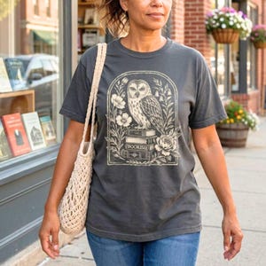 Bookish Shirt Dark Academia Linocut T Shirt Book Lover Shirt Literary Gift for Reader Owl Graphic Tee Bookworm Gift for Her Comfort Colors image 13