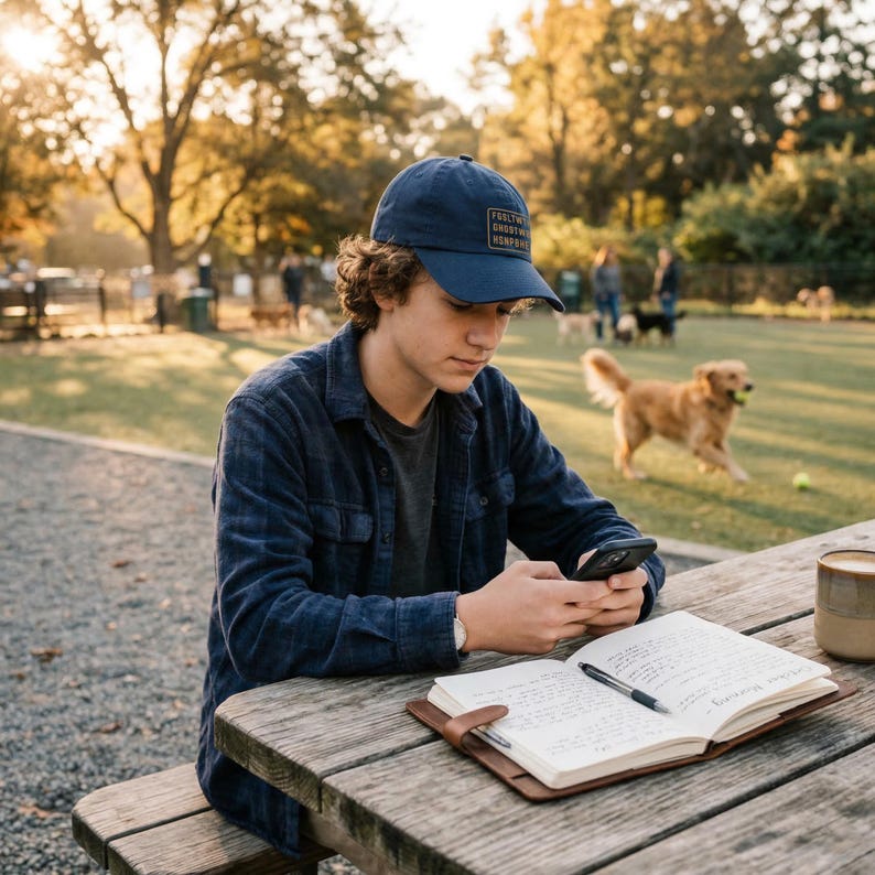 teen boy wearing navy embroidered john 3 16 dad hat seated at outdoor park picnic table with open journal and ceramic mug golden retriever running in background with tennis ball autumn golden hour light faith baseball cap confirmation gift christian teen gift scripture dad hat bible verse hat