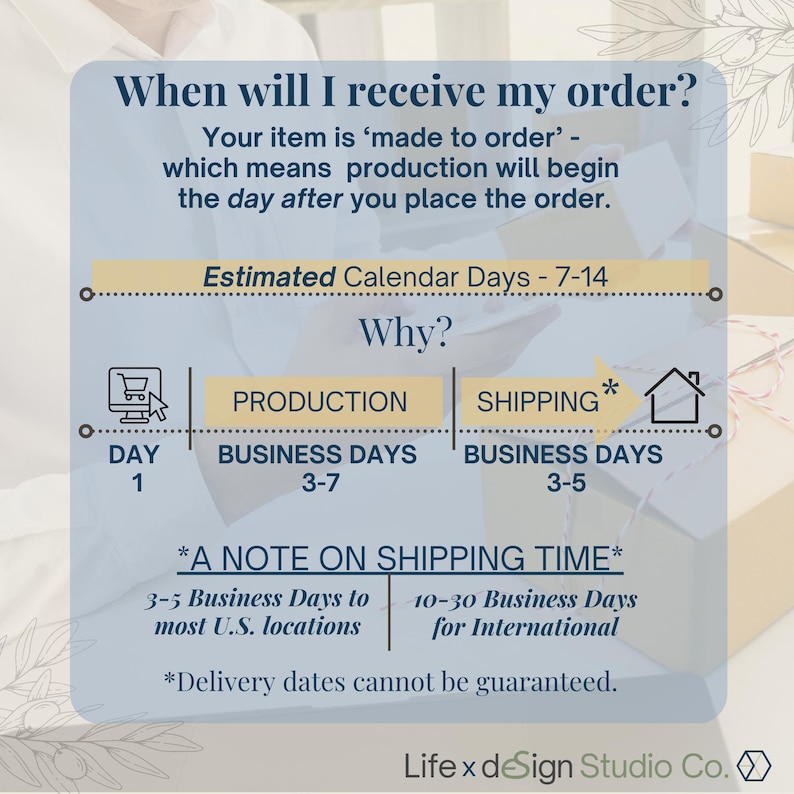 The image is a promotional graphic for Life x Design Studio Co., featuring a question about when a customer will receive their order. The graphic provides an estimated delivery time for the order, which is between 3-5 business days. The estimated delivery time is based on the production and shipping process, and it is noted that the delivery dates cannot be guaranteed.