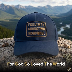 Christian Jesus hat baseball cap navy embroidered dad hat john 3 16 bible verse cipher gold thread structured curved bill adjustable strap faith hat scripture cap white background Baptism confirmation gift pastor appreciation seminary gift