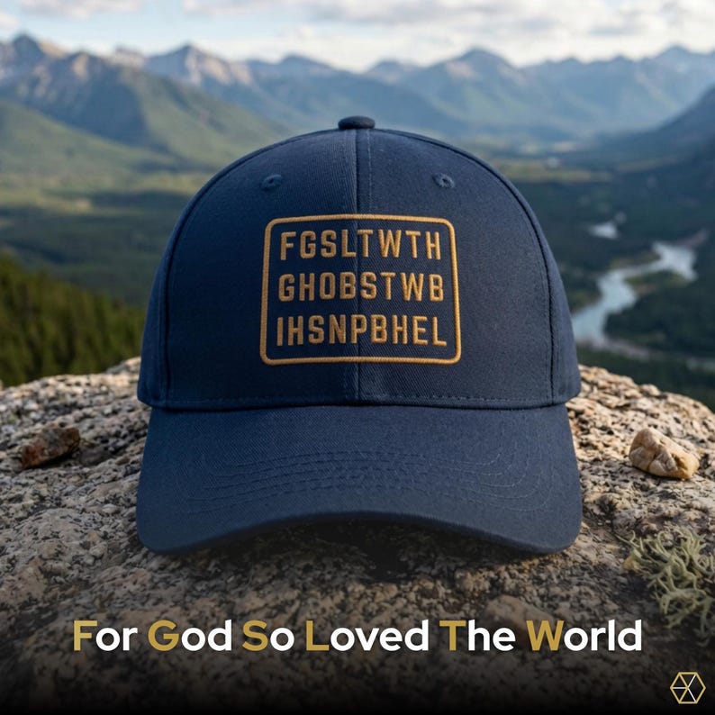 Christian Jesus hat baseball cap navy embroidered dad hat john 3 16 bible verse cipher gold thread structured curved bill adjustable strap faith hat scripture cap white background Baptism confirmation gift pastor appreciation seminary gift