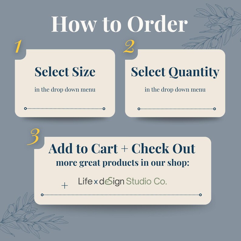The image is a step-by-step guide on how to order items from a menu, with three main sections labeled as 'Select Size', 'Select quantity', and 'Add to Cart + Check Out'.