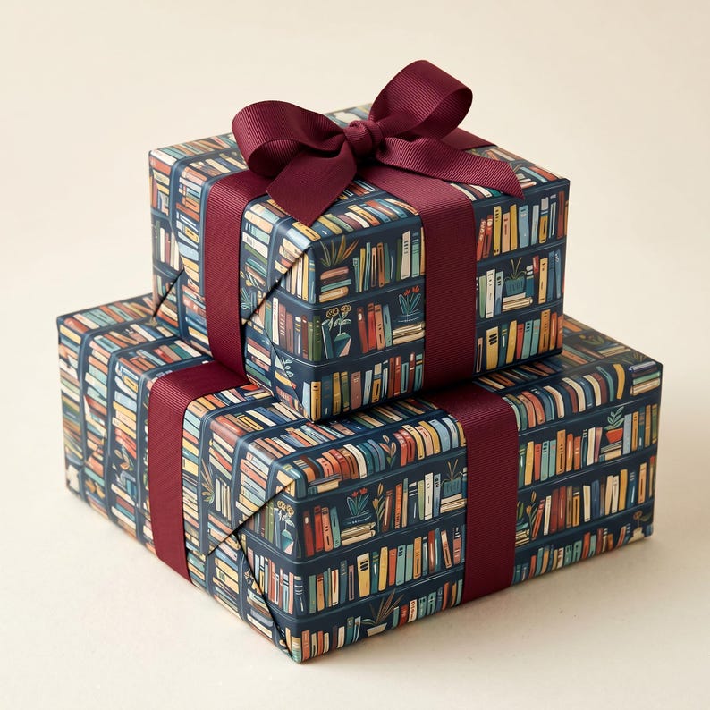 Bookshelf Wrapping Paper Book Theme Gift Wrap Library Pattern Reading Enthusiast Bookish Design Dark Background Literary Present Book Lover Birthday Gift Teacher Appreciation Present Colorful Book Spines Pattern Premium Quality Paper