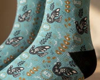 Folk Art Personalized Socks for Women Custom Socks Monogrammed Peace Dove Minimalist Bird Small Gift for Her Under 20 Stocking Stuffers