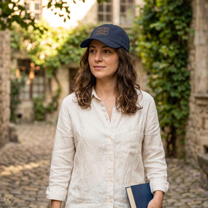 woman wearing navy embroidered dad hat gold cipher design outdoors warm afternoon light cream linen shirt holding hardcover book faith baseball cap scripture hat lifestyle