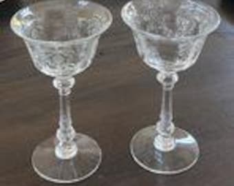 2 Heisey Glass Orchid / Floral Etched Champagne Glasses
